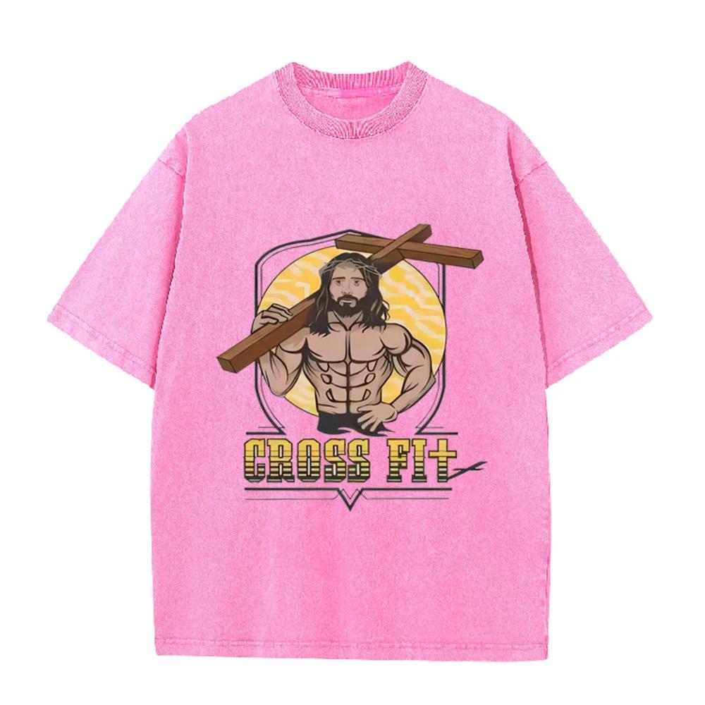 Asian Size Vintage Washed T Shirt Muscular Jesus Cross Fit Graphic Oversized Gym Christian Streetwear Short Sleeve Tee