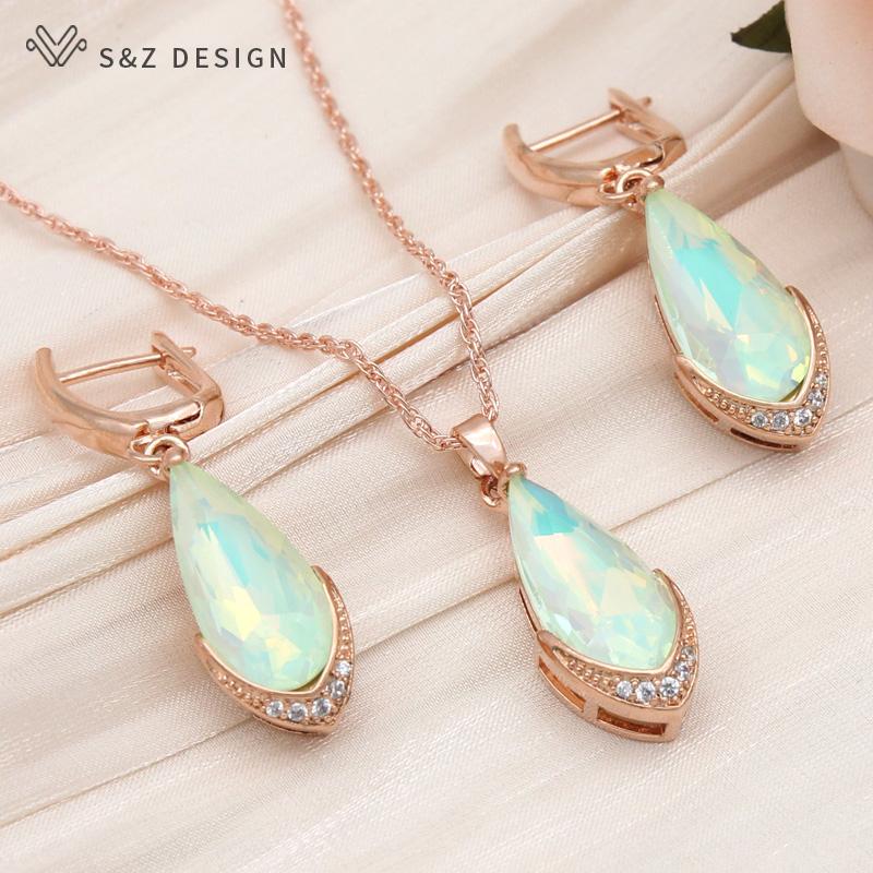 Fashion Water Drop Crystal Dangle Earrings Jewelry Sets For Women Rose Gold Color Zirconia Wedding Necklace