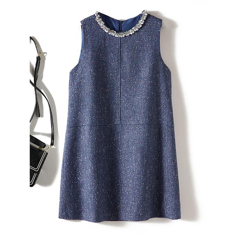 Super White Navy Blue Vest Dress! Elegance Women's Large Rhinestone Round Neck Small A- Line Woolen Dress Fall and Winter