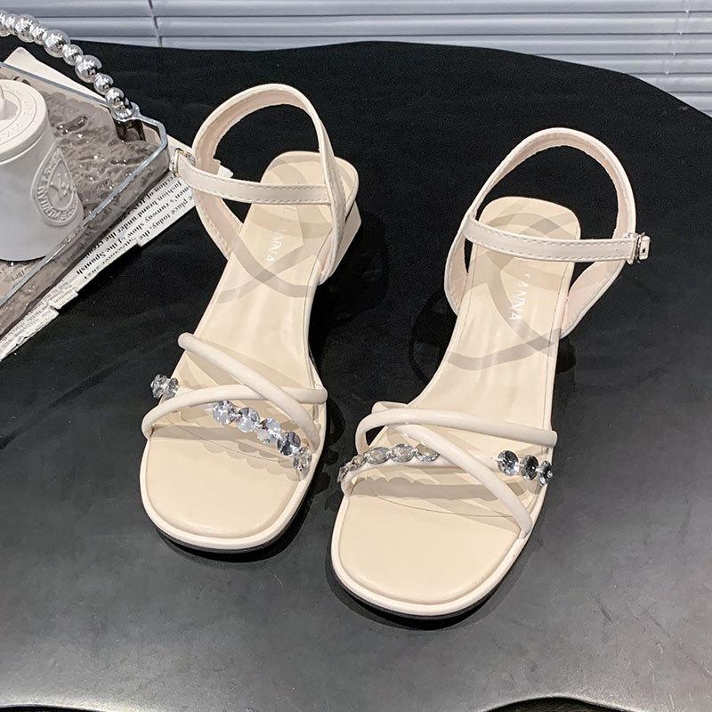 French Open-toed Rhinestone Sandals Summer New Fashion Thick Heel Square Head One-word Buckle with Skirt Women's Shoes