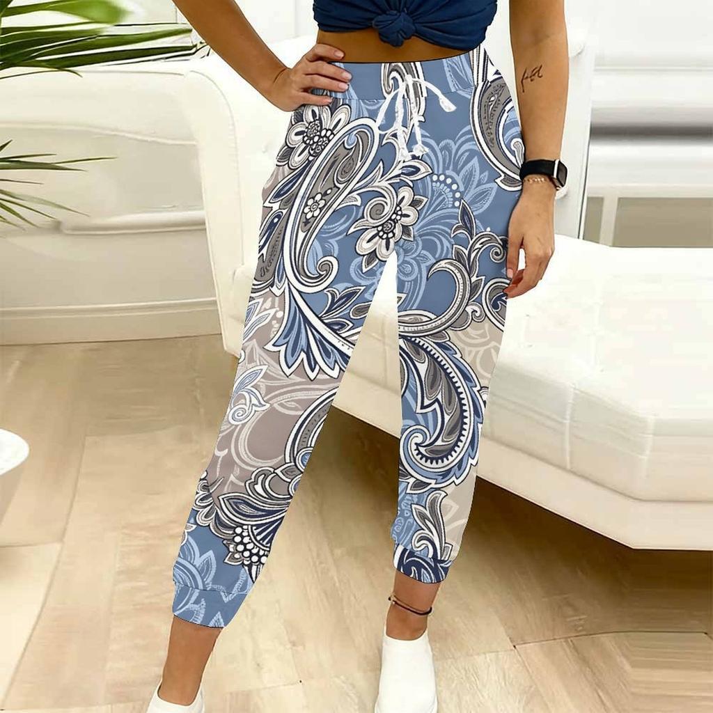 Summer Ladies Cashew Paisley Printed Sweatpants Loose Fit Drawstring Joggers Elastic Cuff Daily Casual Pants