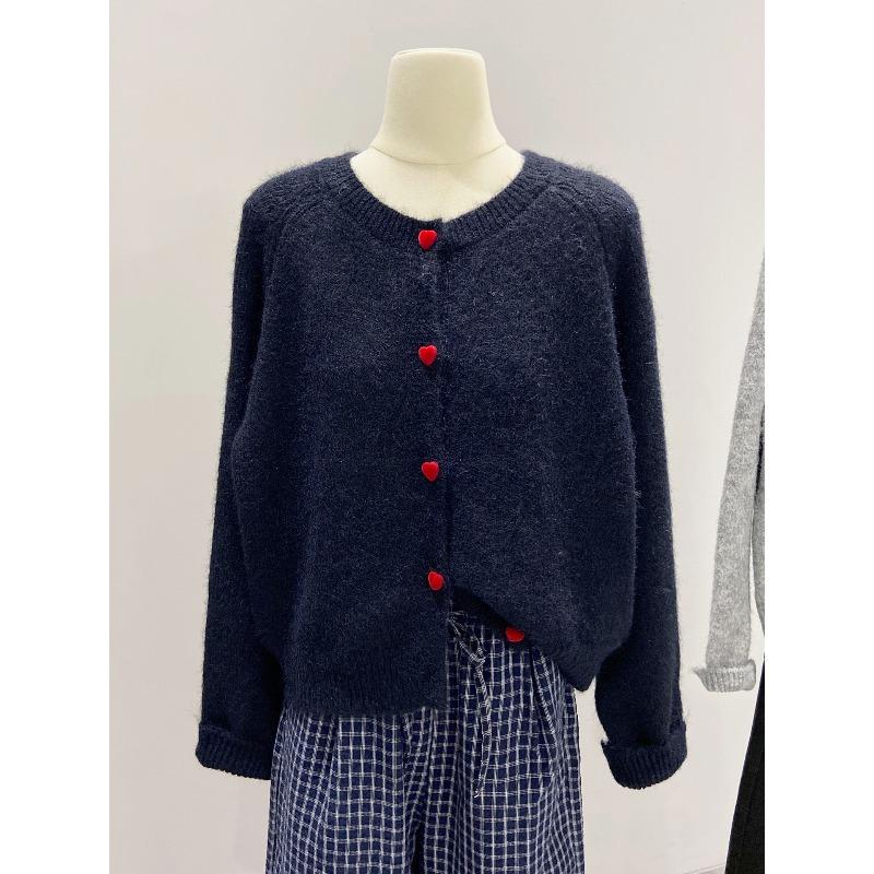 

Love button knitted cardigan jacket women s soft waxy sweater autumn and winter with long-sleeved temperament retro bottoming top L Темно-синій