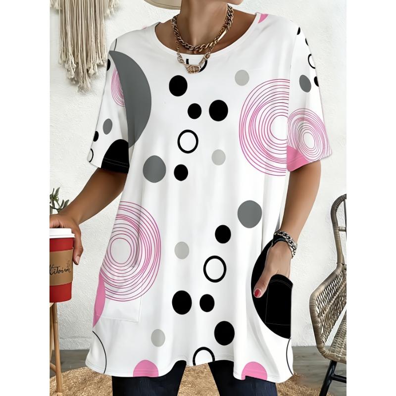 Plus size women s summer black, pink and gray contrast geometric polka dot circles simple style print with pockets round neck short sleeves S