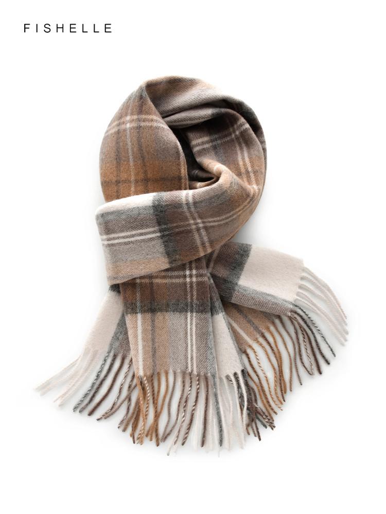 Light Brown Plaid 100% Wool Scarf Autumn Winter Men Scarves Women Wraps Soft Warm Shawl Thin Lady Luxury Gifts British Style