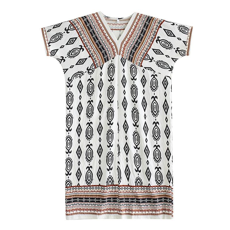 DIMANAF Summer Women New 2025 Basic Plus Size V-Neck Dress Casual Linen Printing Short Sleeve Dress Loose Dress