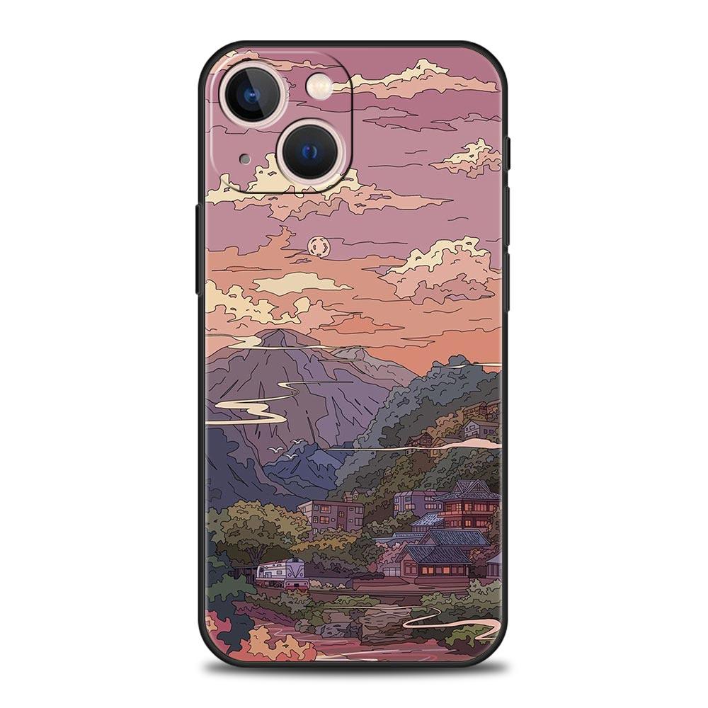 Japan Sunset Scenery Luxury Phone Case For iPhone 13 15 14 12 11 Pro MAX XR X SE XS 7 8 Plus Silicone Black Protection Cover