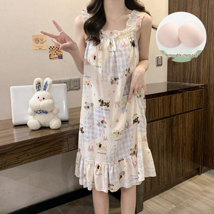 Damen Sommer Süßes Bubble Baumwoll Nachthemd mit Brustpolster Spaghettiträgern - Leichte, Stilvolle Homewear für Drinnen und Draußen