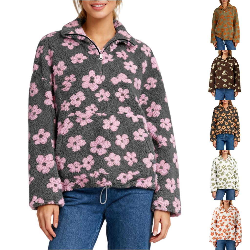Damenmode Rundhals Langarm Niedlich Blume Locker Reißverschlusstasche Warm Kapuzen-Sweatshirt Top