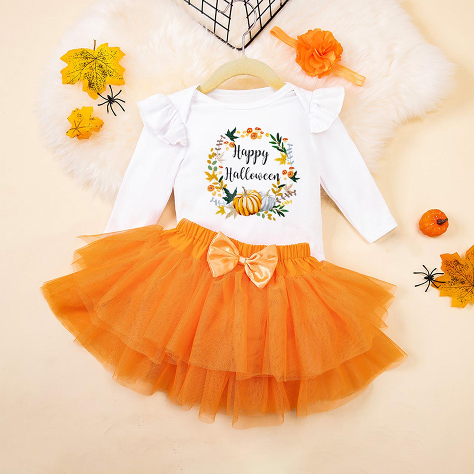 

Комплект из трех частей: комбинезон с длинными рукавами и юбка в стиле Хэллоуина 74 оранжевый