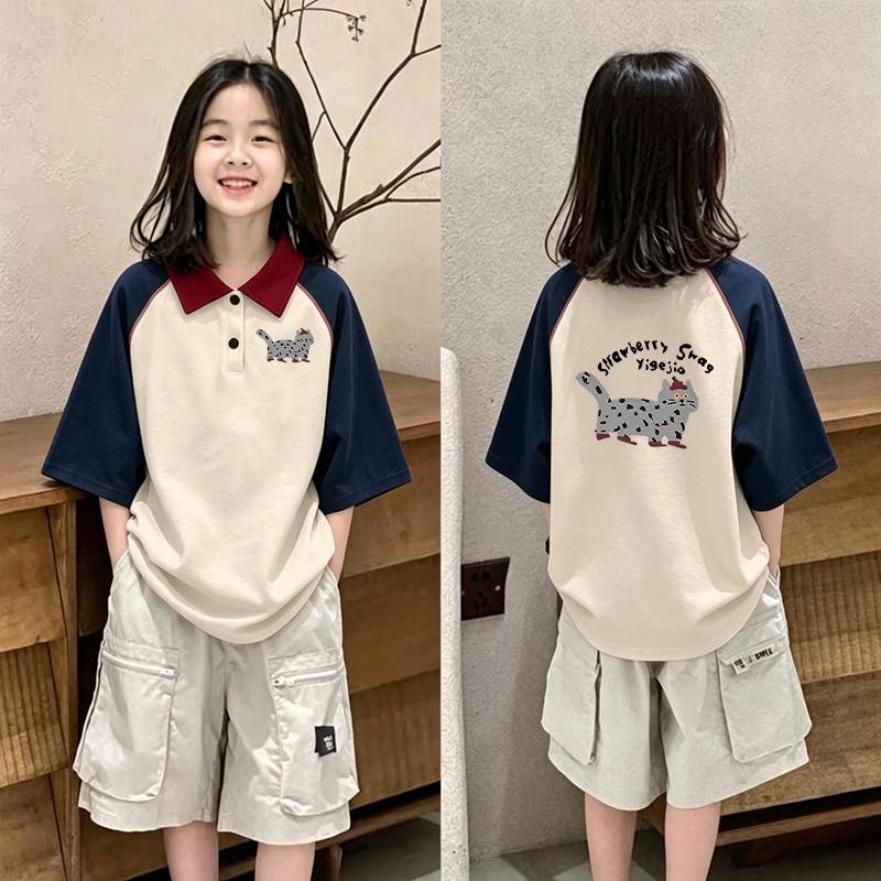 Girls' Loose Cotton Color Block Polo Shirt - Summer 2026 Trendy Short Sleeve Top for Medium and Large Children