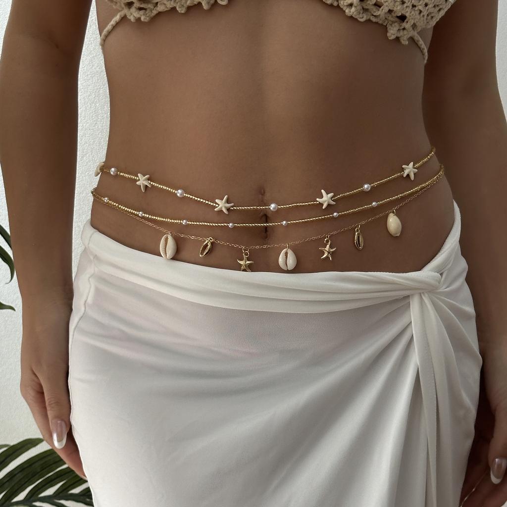 Fashion Bohemian Waist Chain For Women Starfish Shell Turtle Butterfly Pendant Rice Beads Waist Chain Beach Party Body Jewelry