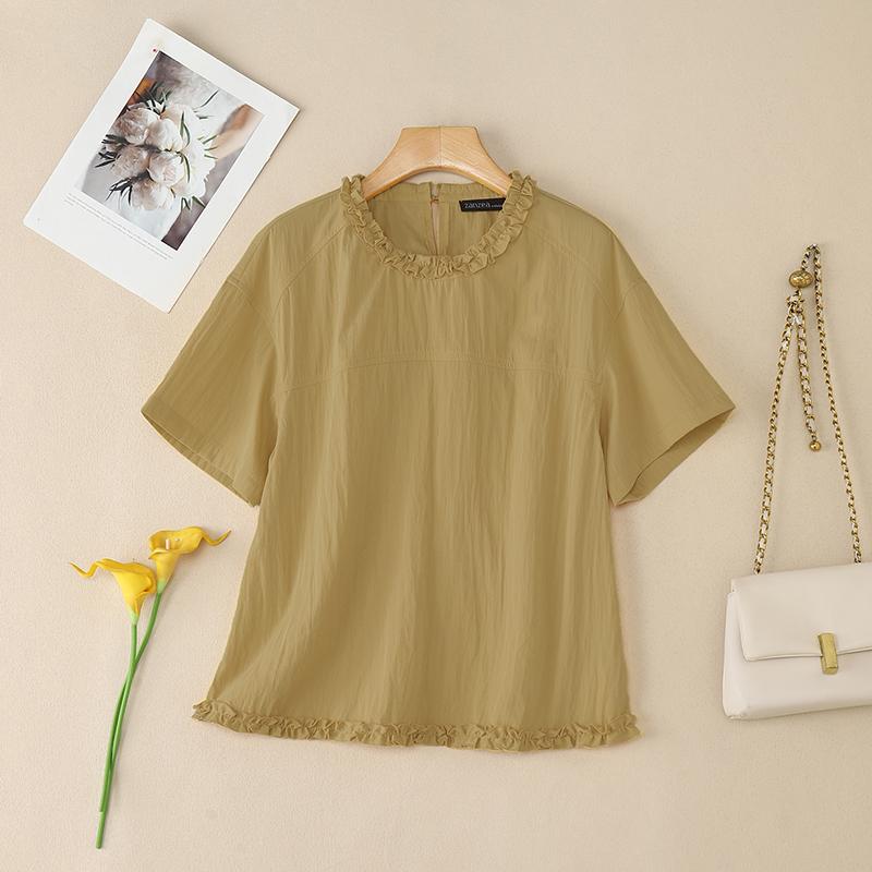 

ZANZEA Женская повседневная блузка с круглым вырезом, однотонная, летняя, с коротким рукавом 5XL хаки