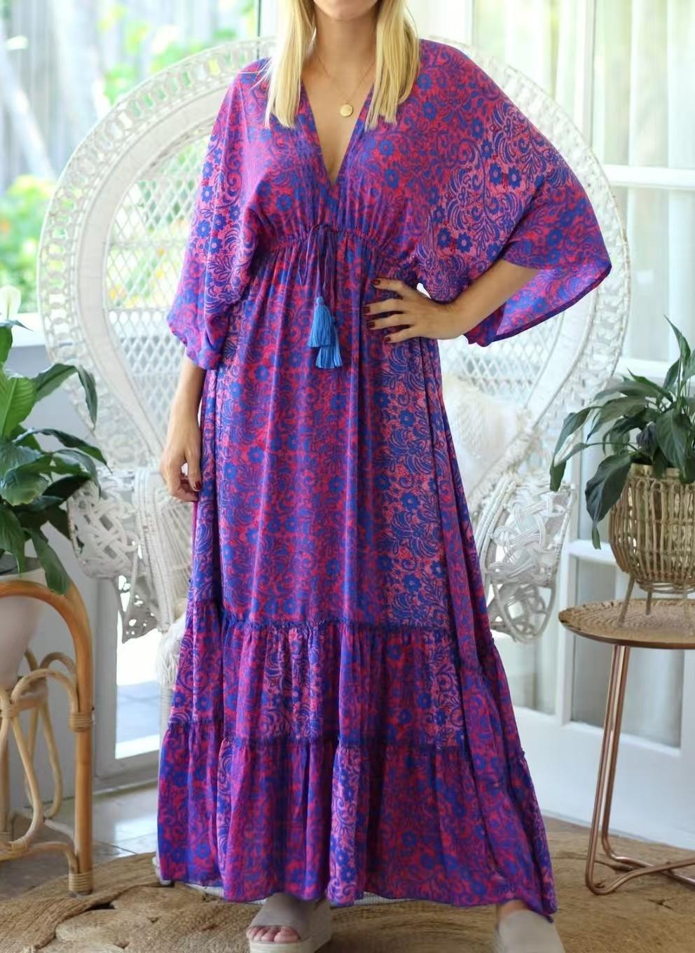 European and American new hot-selling V-neck printed bohemian dress S фиолетовый