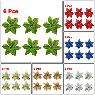 6X Christmas 22cm Large Poinsettia Glitter Flower Tree Hanging Party Xmas Decor
