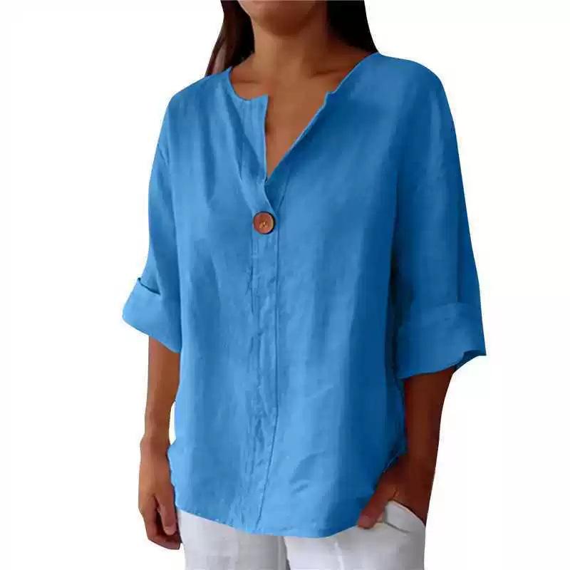 2026 Women's Loose V-Neck Cotton Linen Button Top - Comfortable Casual Summer T-shirt