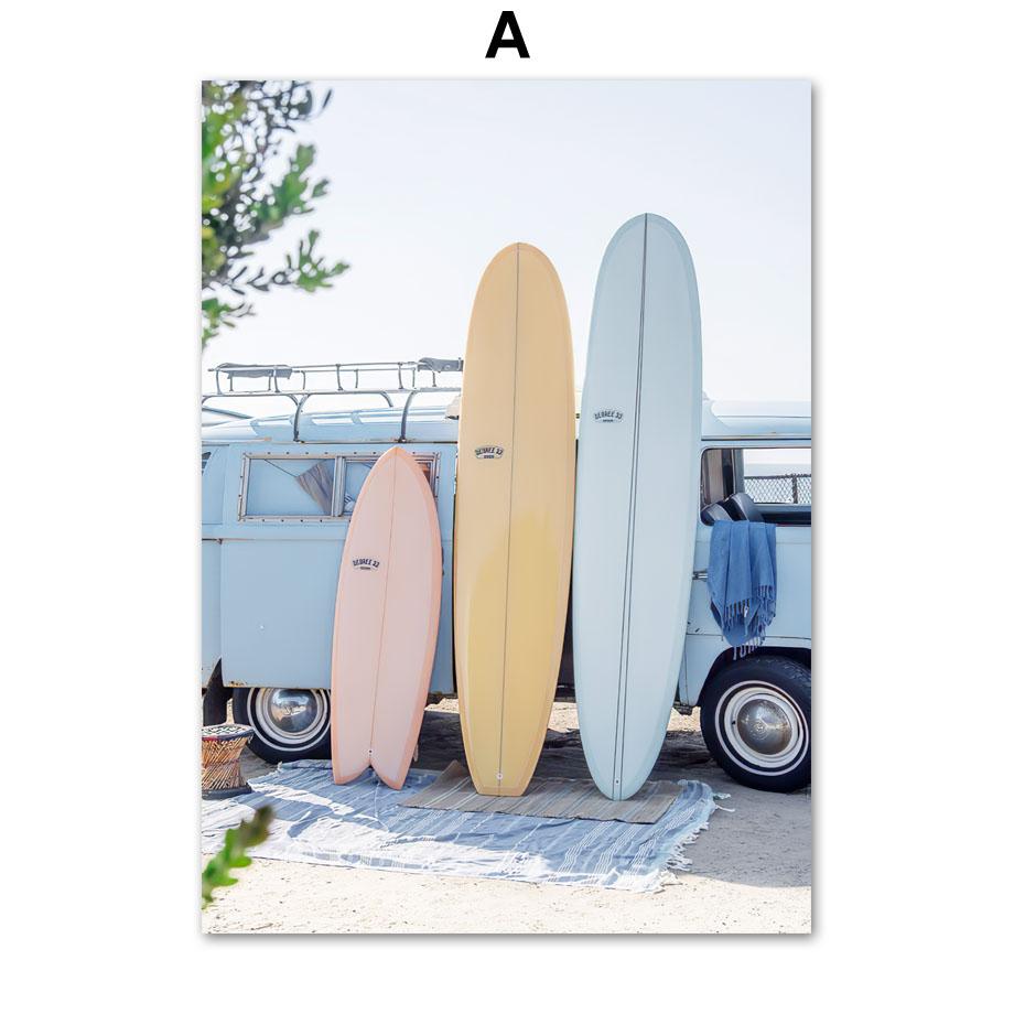 Фламінго Дошка для серфінгу Пляж Океанські хвилі Ракушка Настінне мистецтво Картини на полотні Тропічні плакати та принти Настінні картини для домашнього декору