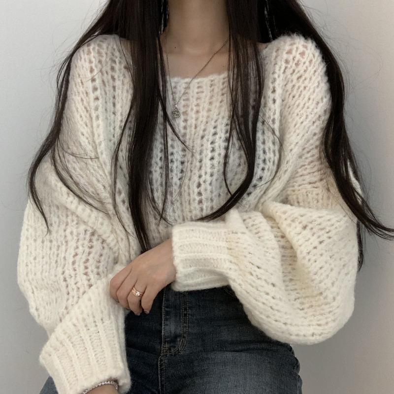 Autumn Long Sleeve Pullover Knitted Women Sweater Korean Fashion Lantern Long Sleeve Versatile Loose Tops Elegant Solid Color O Neck Casual Clothing One Size