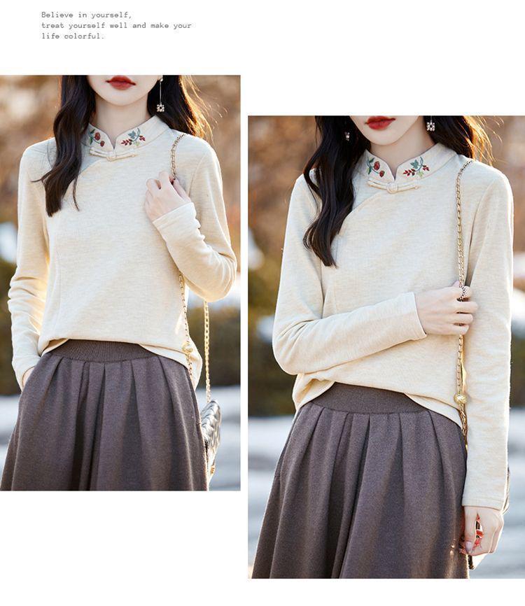 Women's Plus Size Embroidered Stand Collar Long Sleeve Warm Shirt for Autumn/Winter