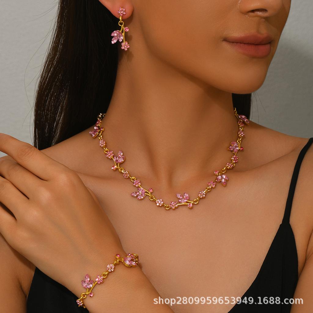 Diamond-encrusted Flower Necklace, Earrings, Bracelet, Women's Niche Design Sense Ins Wind Pink Set.