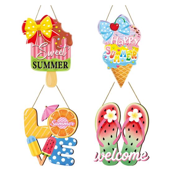 Summer Slippers Hanging Sign Flip Flop Shape Welcome Door Sign Rustic Watermelon Ice Cream Wooden Wreath for Farmhouse Front Door Patio Balcony Wall