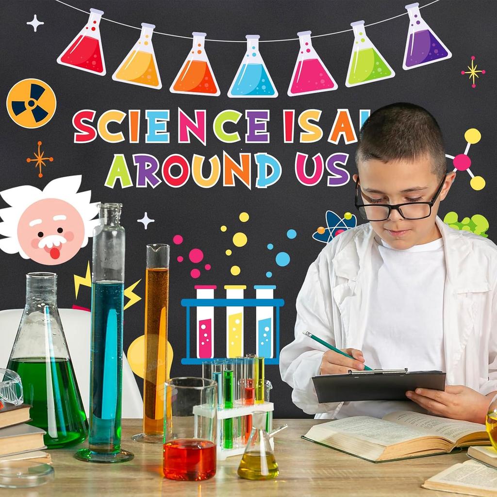 67Pcs Science Bulletin Board Decoration Science is All Around Us Classroom Decor Chemistry Lab Apparatus Paper Cutouts for Back to School Home