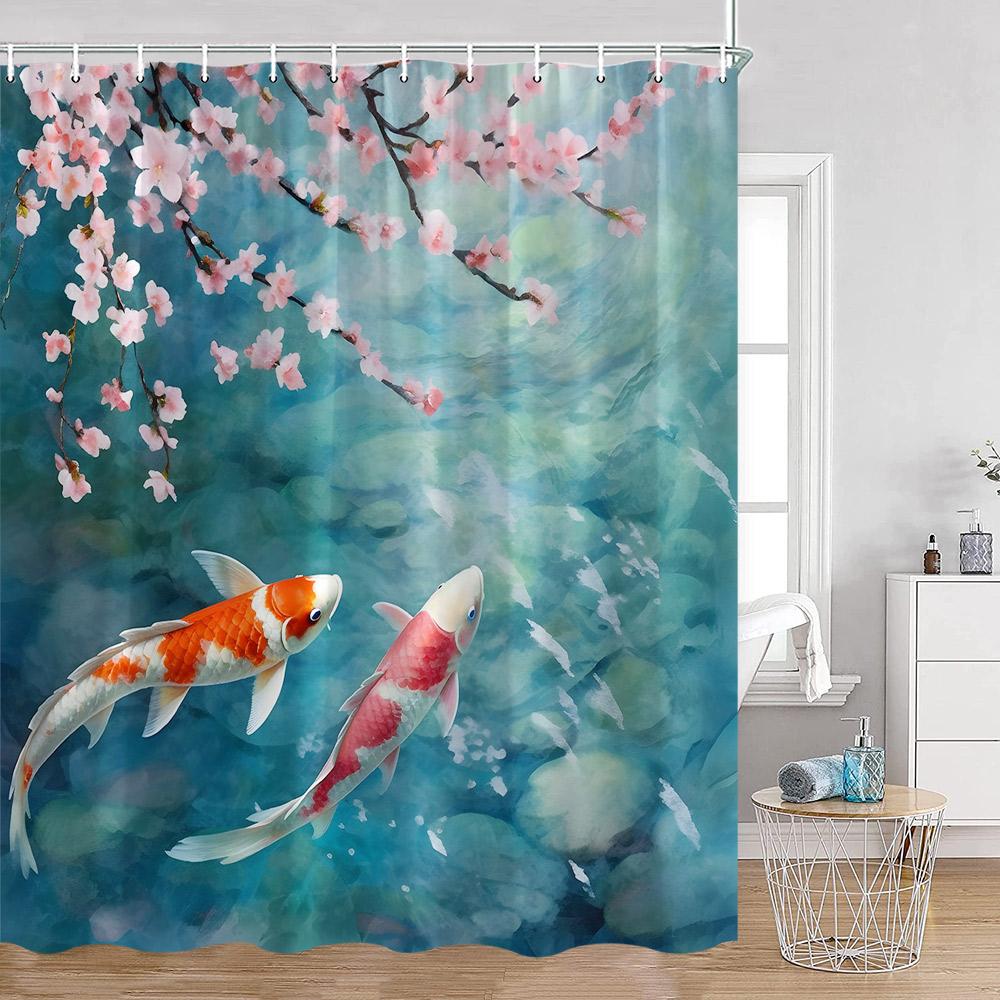 Rosa Blumen Kois Duschvorhänge Kirschblüten-Teich Aquarell Blumig Badezimmer Dekoration Polyesterstoff Badewannenvorhang