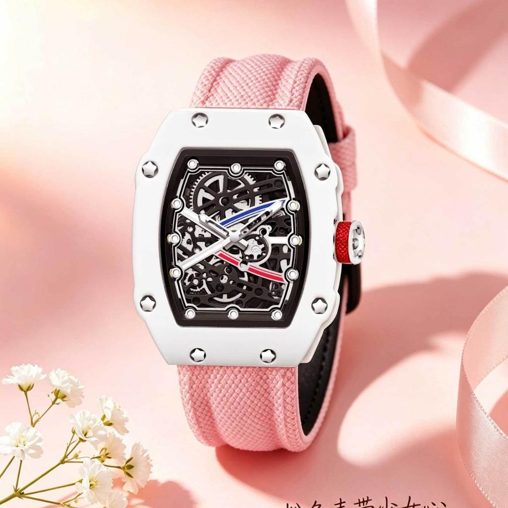 Orologio Tonneau di Alta Moda Montre Homme Et Femme Orologio da Polso 47mm Ampio Quadrante Scheletrato Cinturino in Nylon Rosa Pelle Orologio al Quarzo