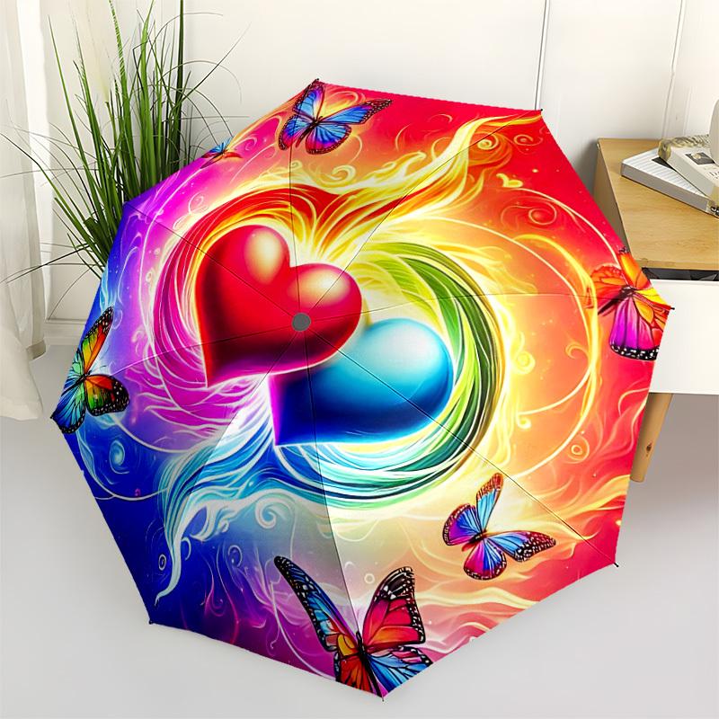1pc Heart Butterfly Rainbow Automatic Opening and Closing Folding Umbrella with 8 Iron Ribs - Portable, Foldable for Travel Yy251124107