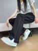 Women's Summer High Waist Wide-Leg Denim Pants with Slit - American Style, Thin Fabric, Fashionable Casual Blue.