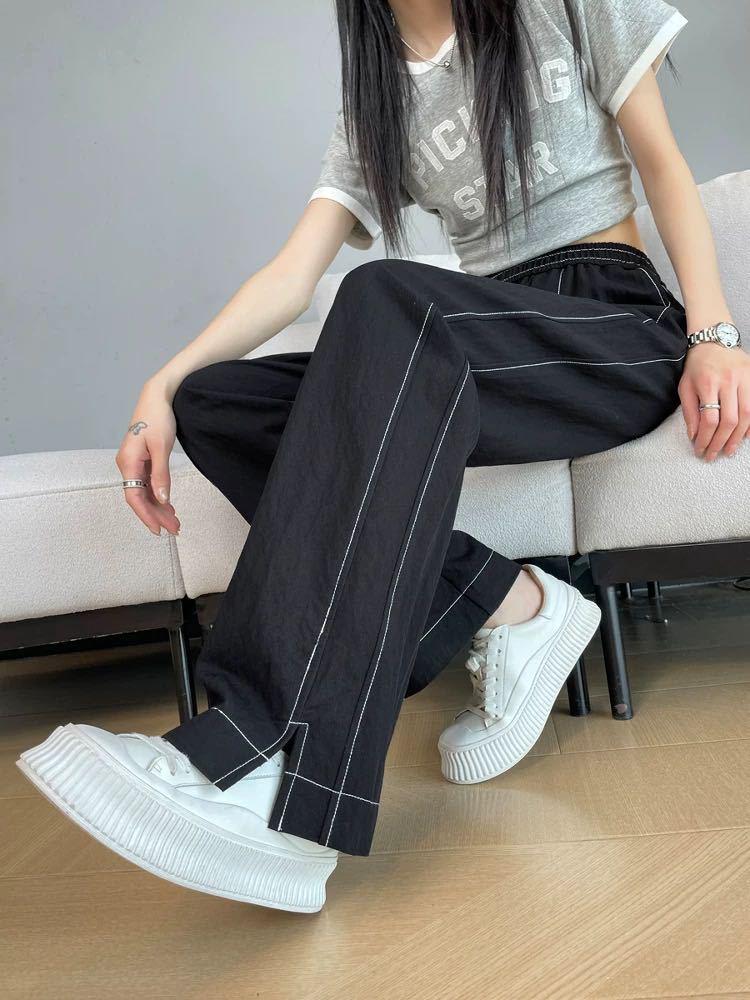 Women's Summer High Waist Wide-Leg Denim Pants with Slit - American Style, Thin Fabric, Fashionable Casual Blue.