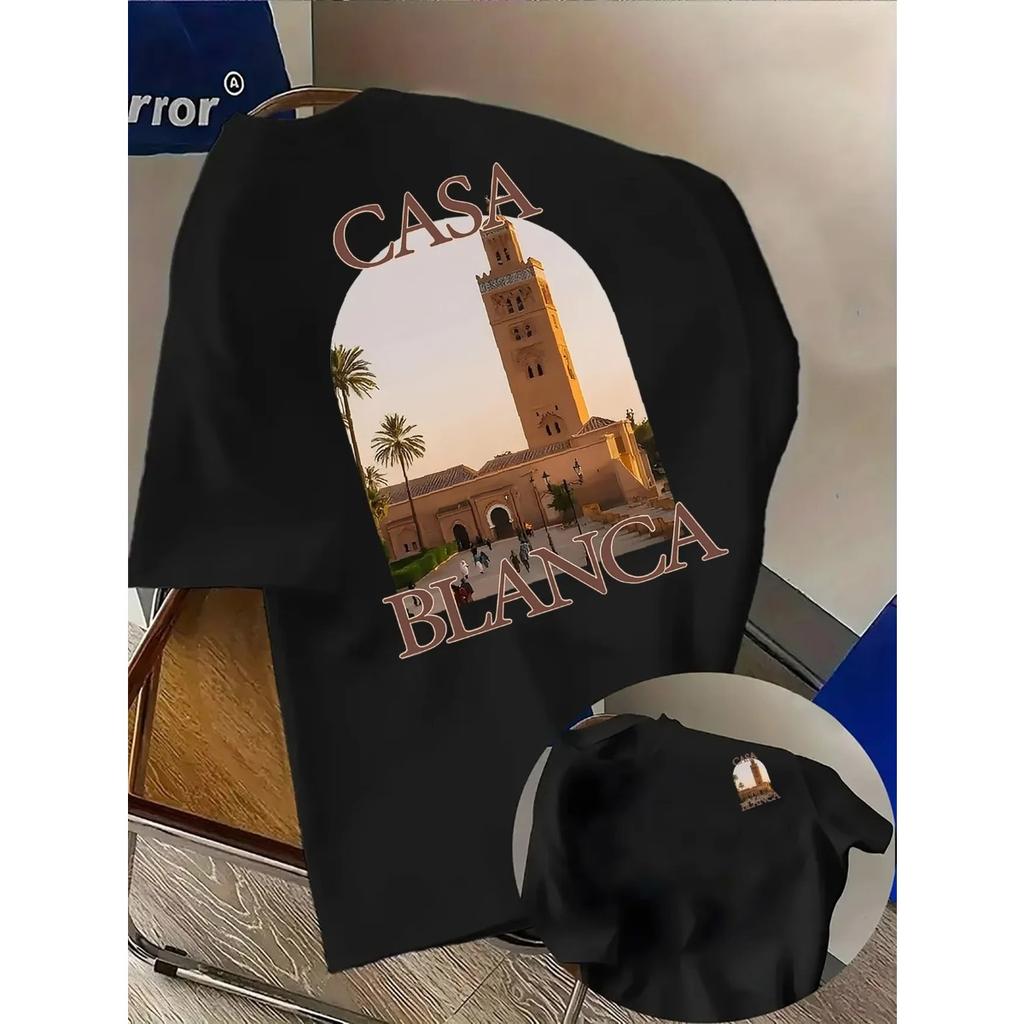 Gorące Marokańskie Miasto Architektura Plaża Graficzny Nadruk Bawełniana Koszulka Męska Damska Casablanca Czcionka Sportowy Codzienny Oversize Harajuku Moda Letnia Nowa Koszulka