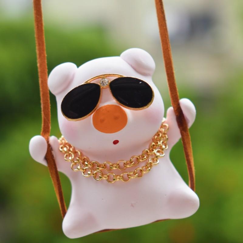 1 PC Cute Pink Swing Pig Car Accessories Auto Rearview Mirror Pendants Anime Car Interior Decoration Birthday Gift for Friends