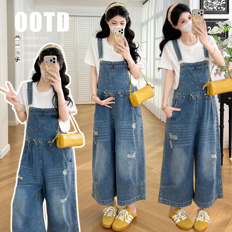 2026 Spring/Summer Maternity Loose Denim Overalls & White Top Set L