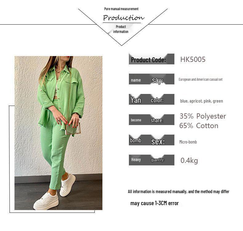 2024 Plus Size Women's Casual Crepe Loose Lapel Long Sleeve Shirt Set - European & American Style