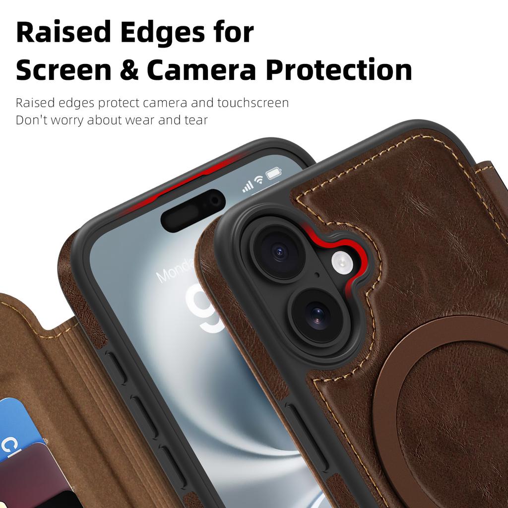 For iPhone 16 Case Compatible with MagSafe RFID Blocking Card Holder Leather Phone Cover