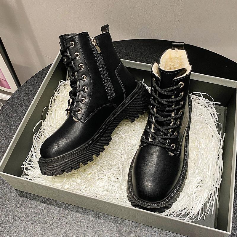 Fashion Women's Winter 2025 New Snow Boots with Velvet Flat Top Flat Shoes High Quality Lace Elegant PU Leather Casual Black Ankle Boots