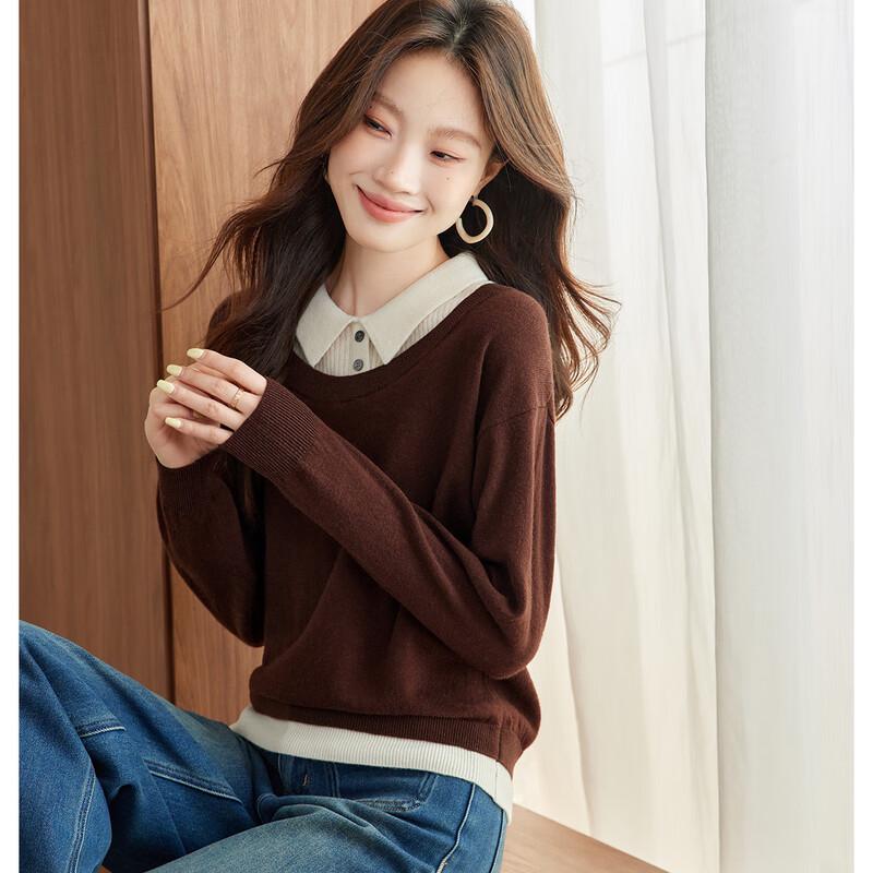 Srcr Women's Faux Two-Piece 100% Wool Contrast Collar Sweater