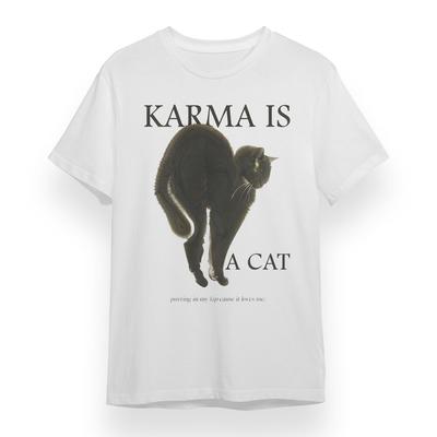 Damen Oversize T-Shirt mit Karma Is A Cat Grafik Weiß 100% Baumwoll-Tee USA