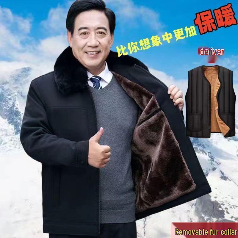 Men's Winter Coat for Seniors - Thickened Cotton Padded Jacket with Buttons for Ages 70-80