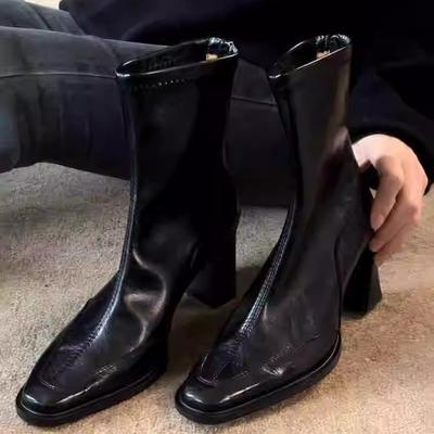 Soft Leather Version~ French Square Head Temperament High Heel Thin Boots Women's British Style Leather Retro Rear Zipper Elastic Short Boots