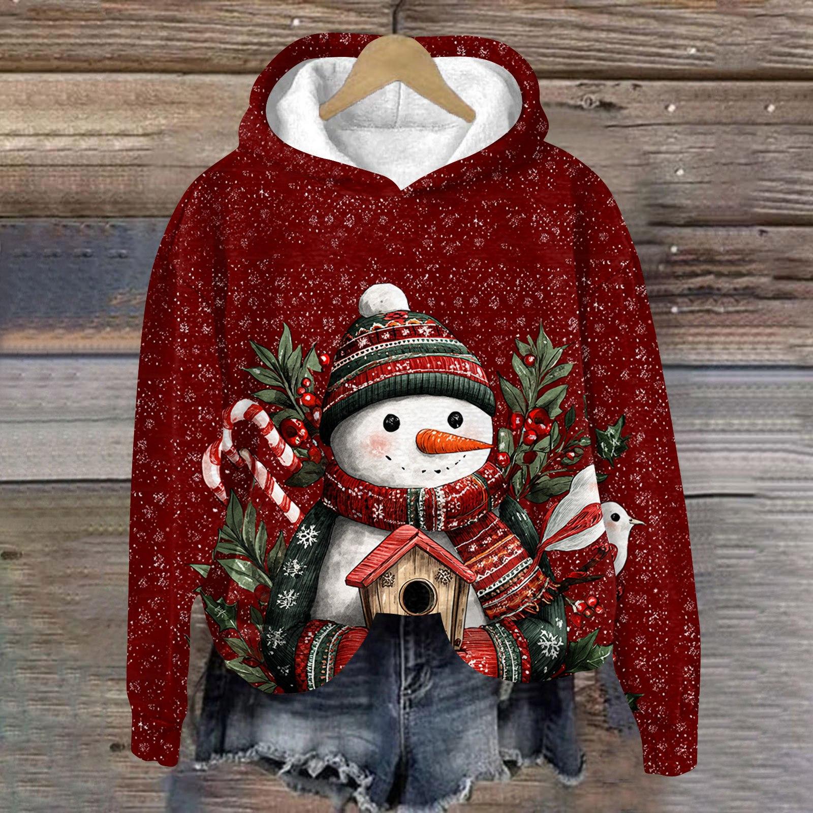 

Женская модная толстовка с длинным рукавом, рождественским принтом, свободного кроя, с капюшоном XXXL винный