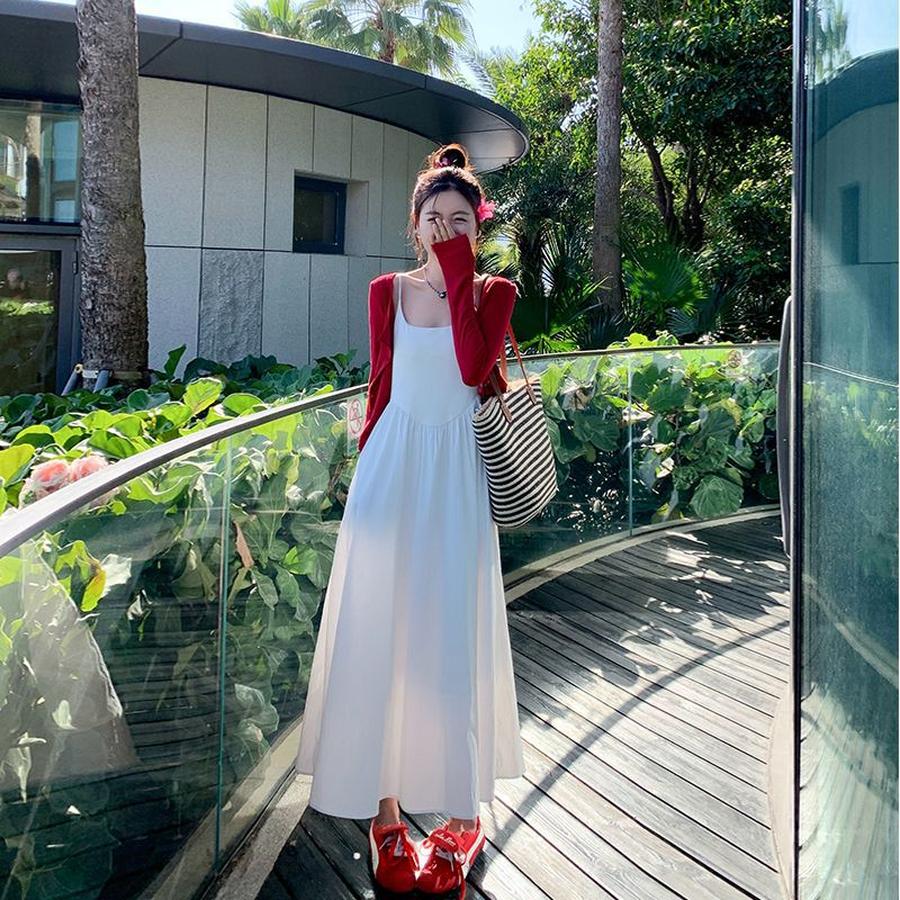 Solid Color Sling Dress for Girls Summer New Style Slim Fit Gentle French Lolita Spring White Long Dress