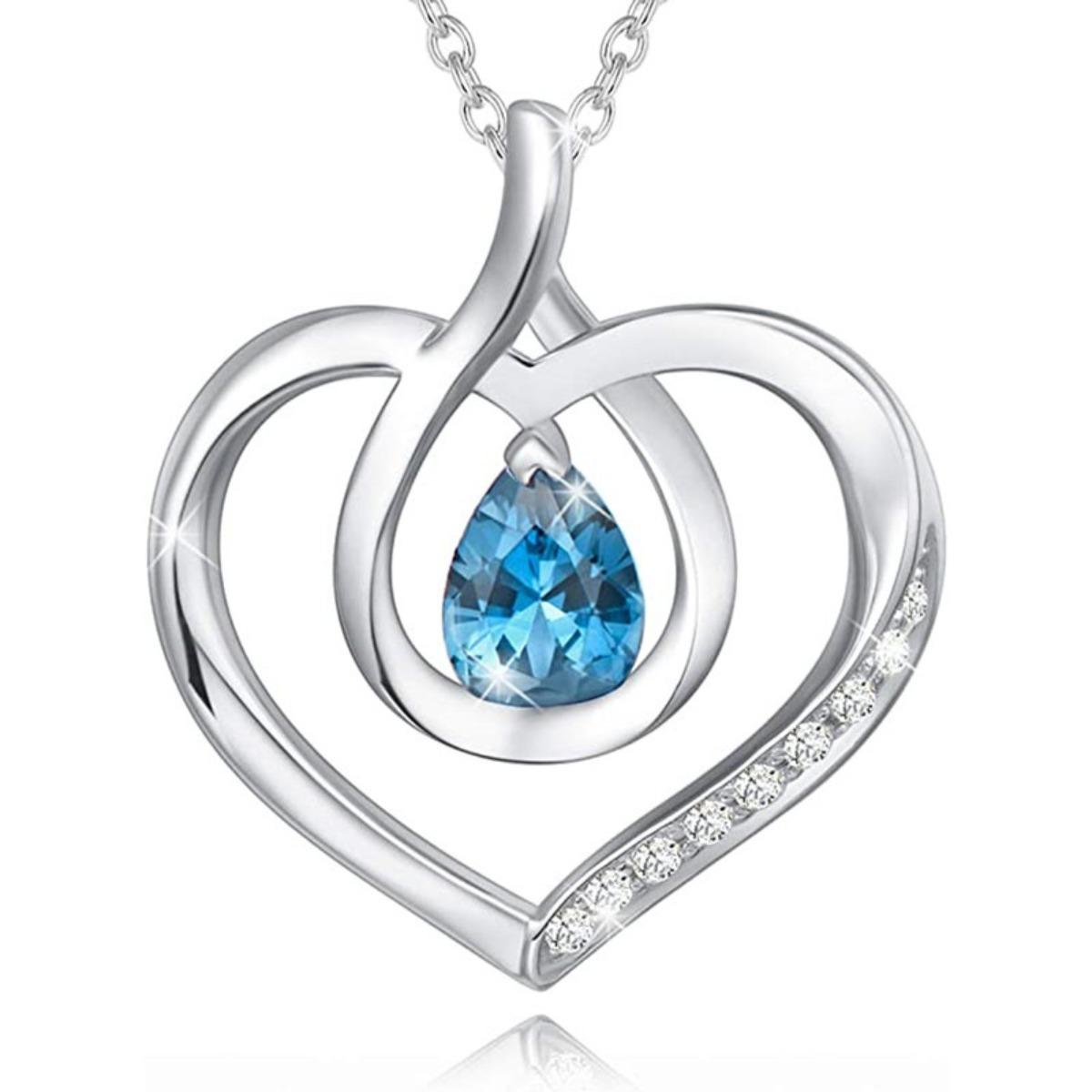 Open Heart Pendant Necklace with Blue Stone Romantic Love Gift