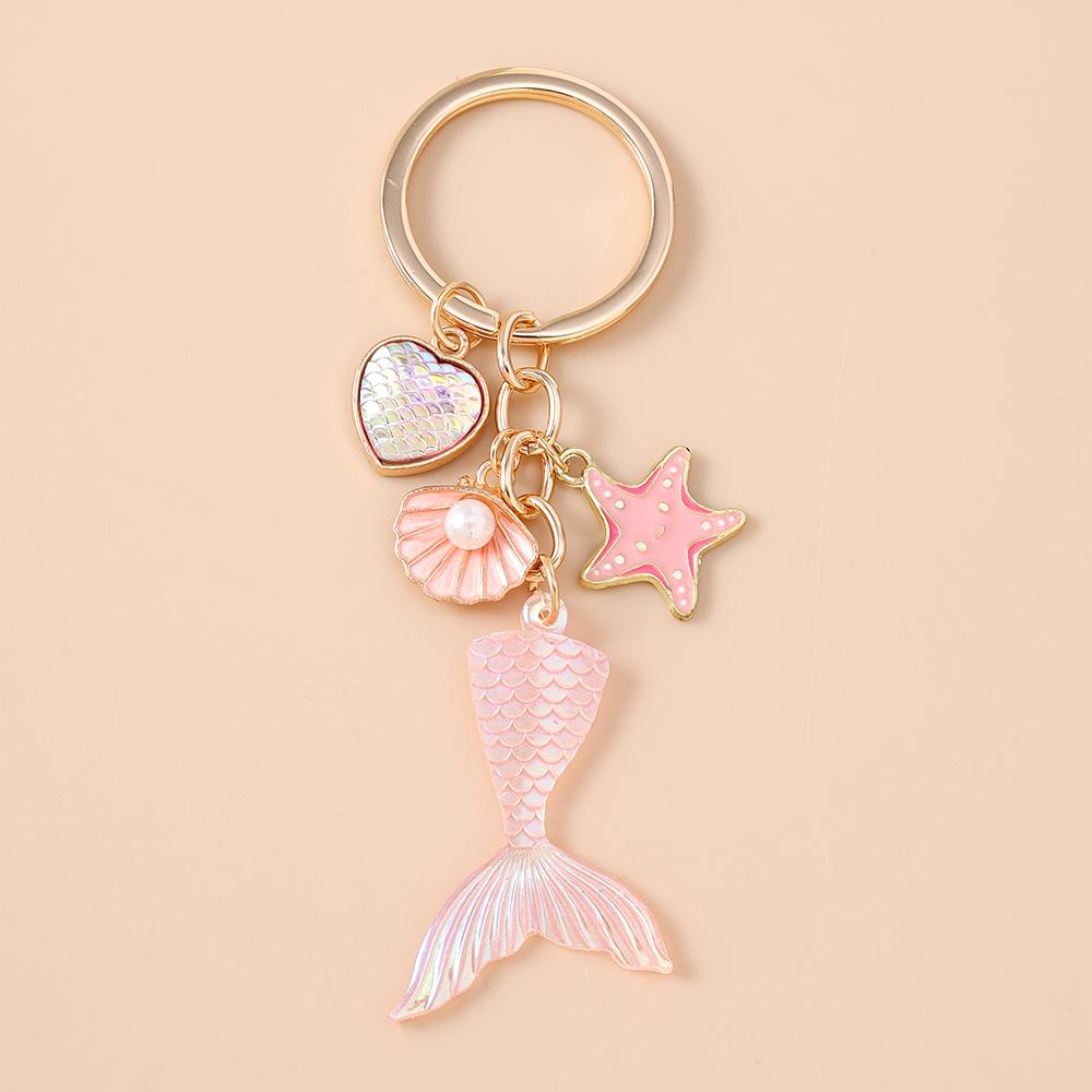 Summer Beach Mermaid Shell Starfish Keychain Women Girls Pearl Love Heart Key Ring Pendants for Handbag Decor DIY Jewelry Gifts