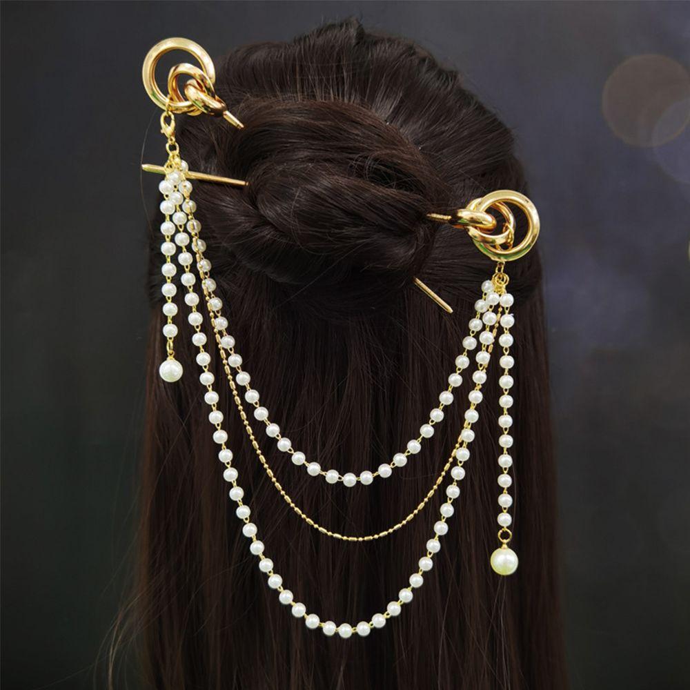 Fashion Pearl Tassel Retro Hair Fork Headdress Double Strand Hairpins Hair Sticks
