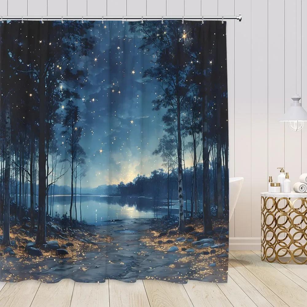 Starry Sky Night Forest View Shower Curtains Animals Fantasy Night View Pine Trees Bathroom Decorations Modern Bath Curtains