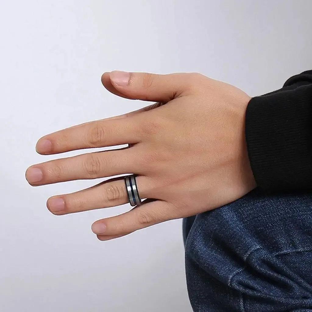 Fashion 8mm Blue Stainless Steel Rings For Men Silver Color Brushed Beveled Edge Steel Engagement Rings Men Wedding Band Jewelry