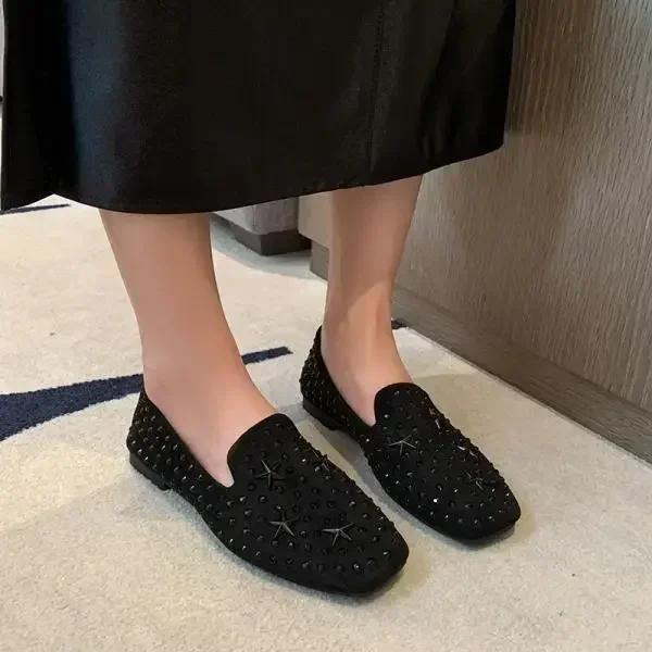 Women's Loafers Rivet Rhinestones Square Heel Women Work Shoes Comfortable for Leisure Versatile Canvas Flat Shoes Zapatos Mujer