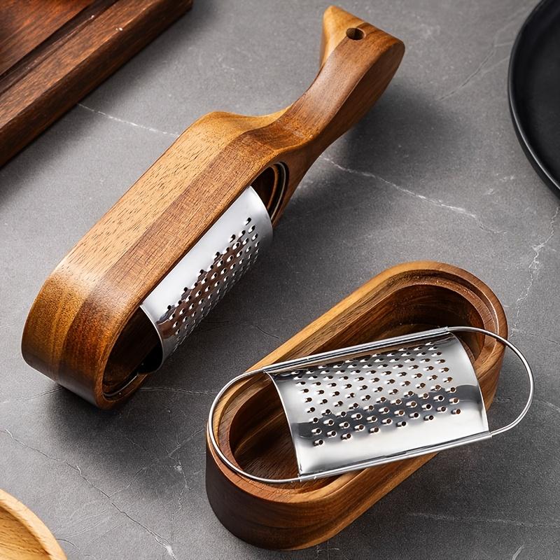 Premium Acacia Wood Handle Stainless Steel Cheese Grater Ideal for Shredding Chocolate, Vegetables Fruits Durable Kitchen Tool with Multiple Blades