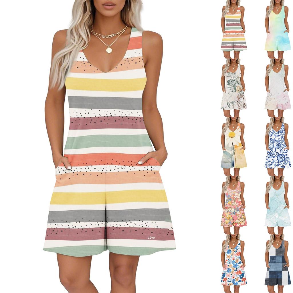 Women's V-neck Printed Sleeveless Jumpsuit Spring And Summer Casual Jumpsuit Shorts